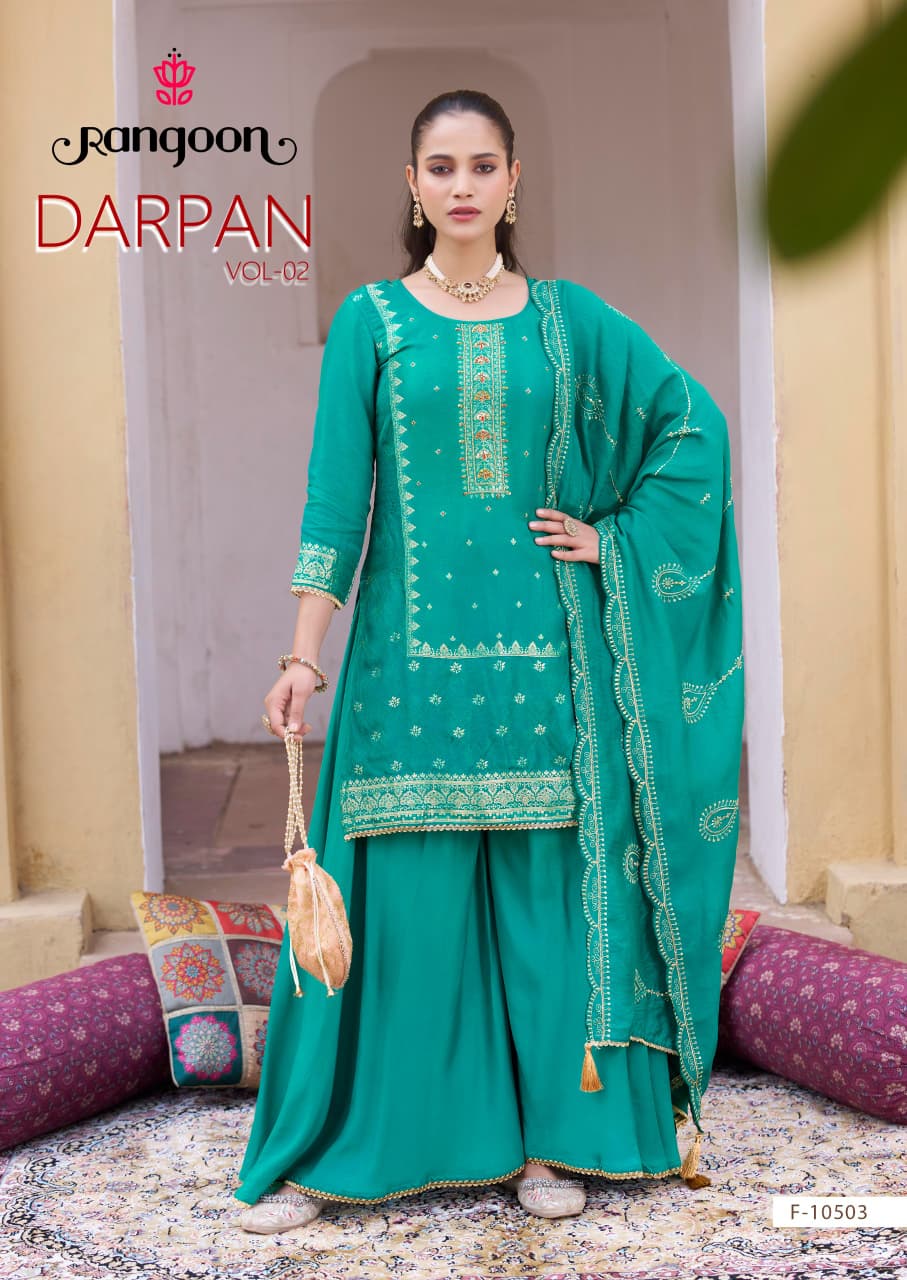 Darpan Vol 2 Rangoon Dola Jacquard Readymade Plazzo Style Suits Wholesale Rate