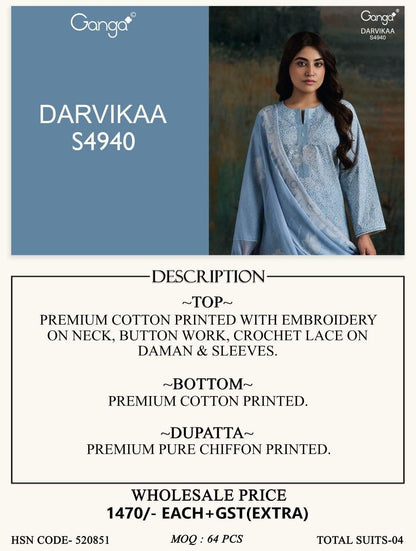 Darvikaa 4940 Ganga Cotton Plazzo Style Suits Manufacturer India
