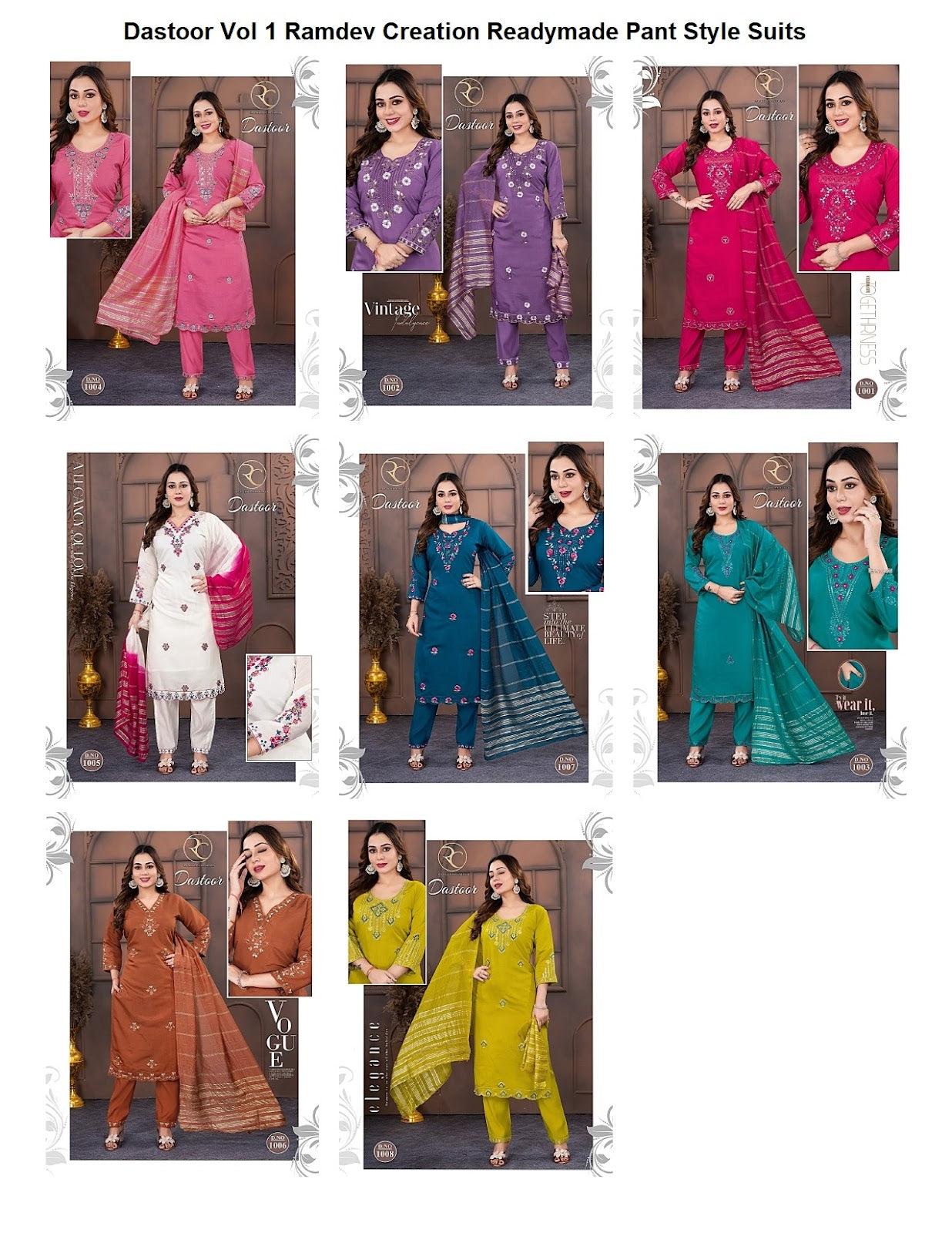 Dastoor Vol 1 Ramdev Creation Roman Readymade Pant Style Suits Supplier Gujarat