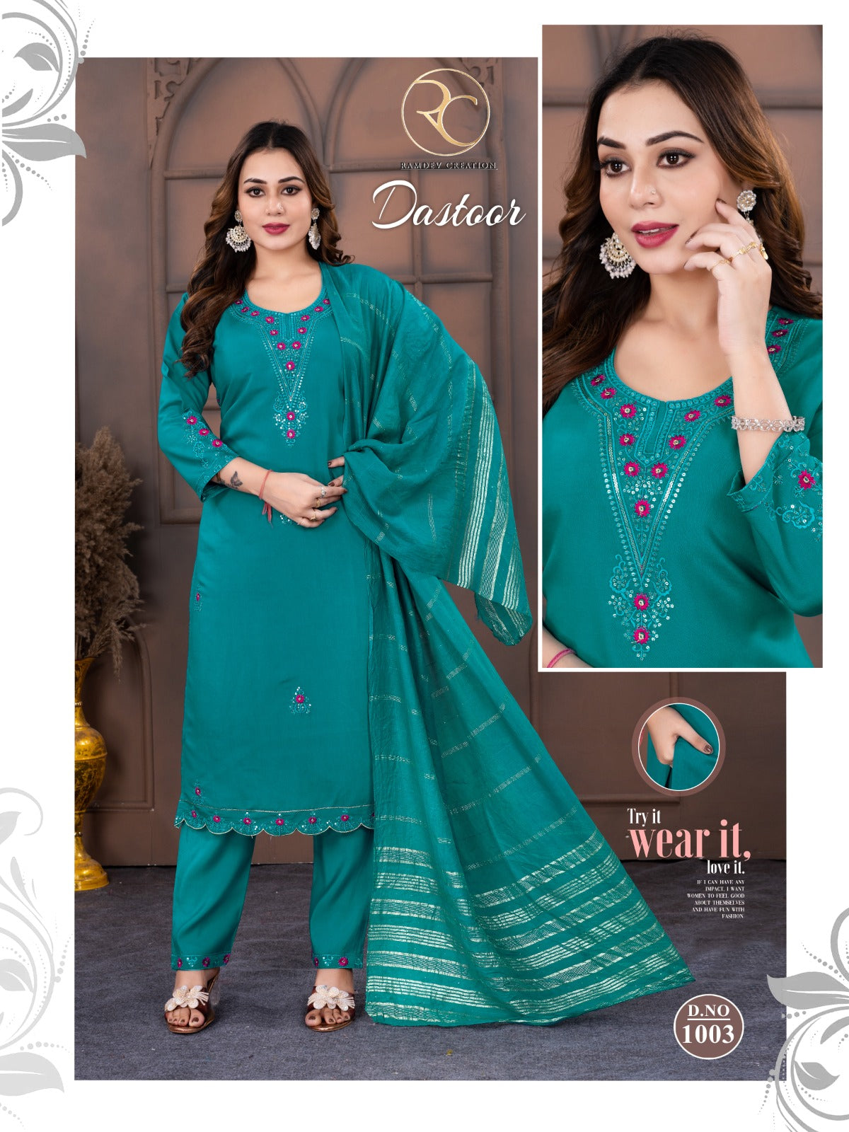 Dastoor Vol 1 Ramdev Creation Roman Readymade Pant Style Suits Supplier Gujarat