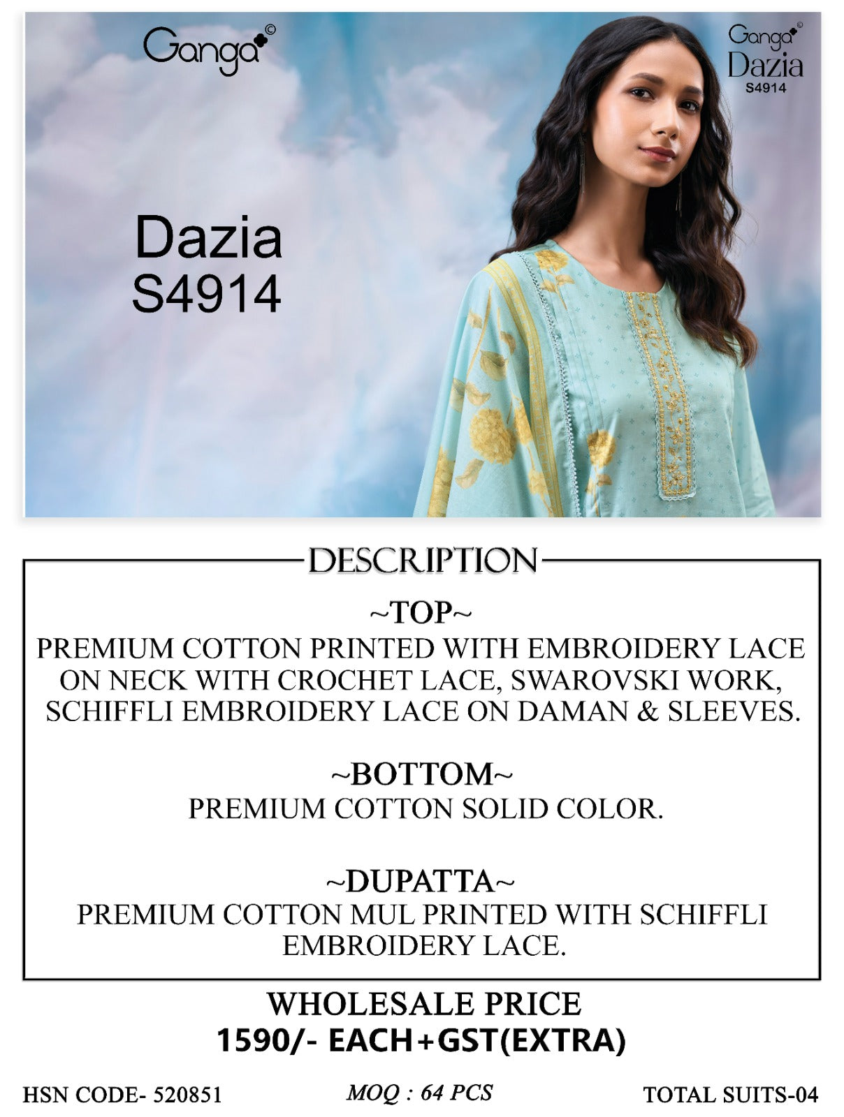 Dazia S4914 Ganga Cotton Plazzo Style Suits Exporter India