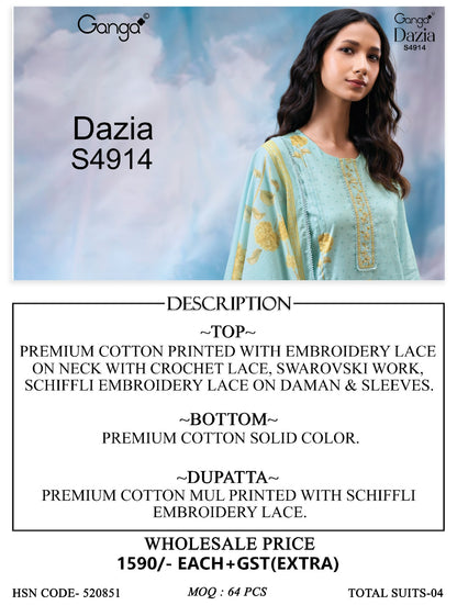 Dazia S4914 Ganga Cotton Plazzo Style Suits Exporter India