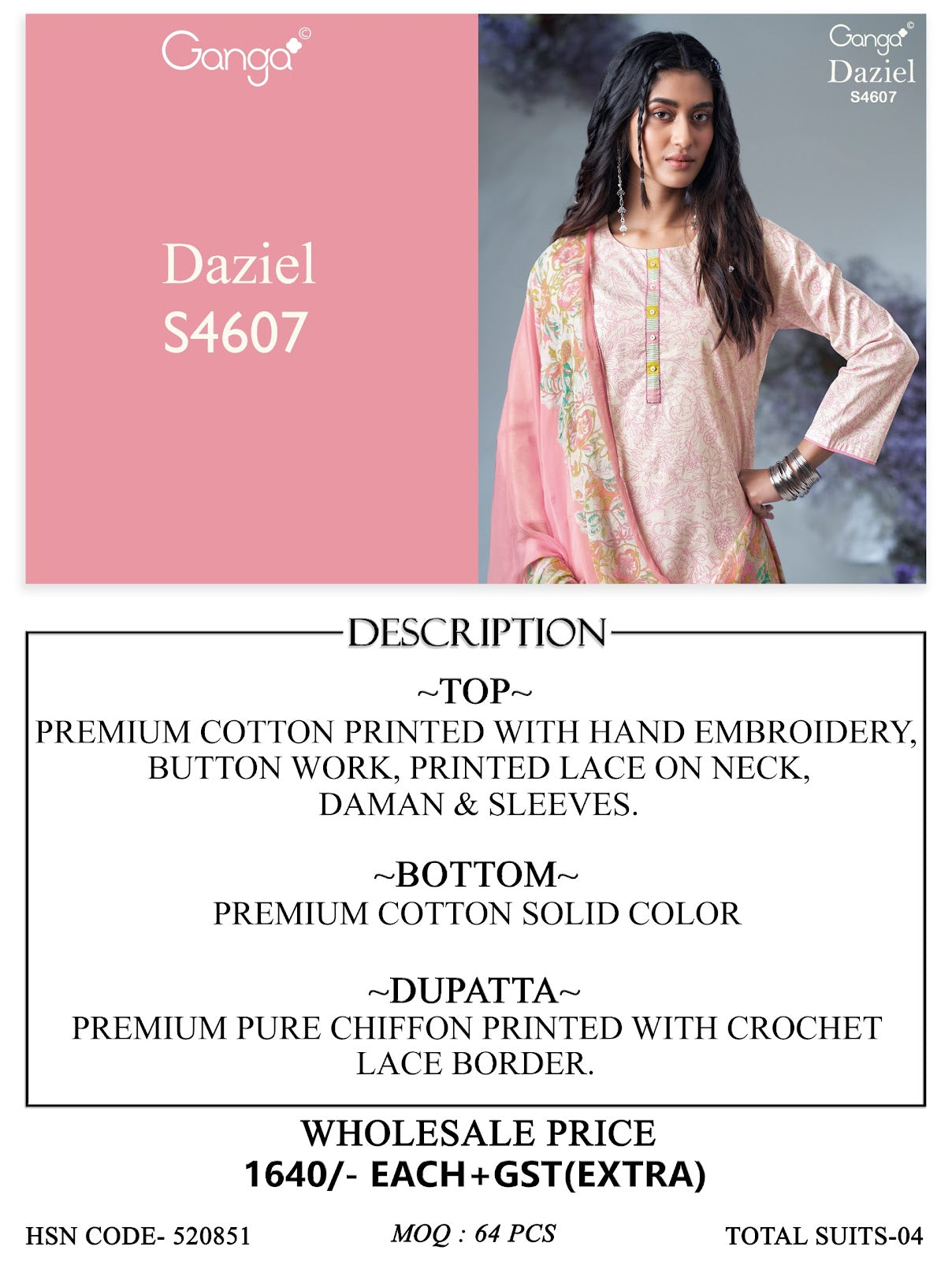 Daziel 4607 Ganga Cotton Pant Style Suits Wholesale Price