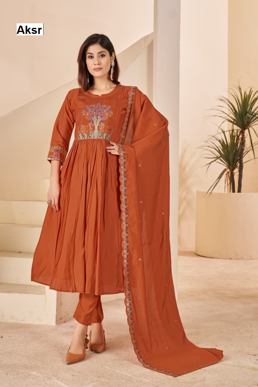 Decorative Cows Aksr Roman Silk Readymade Anarkali Suits Wholesaler