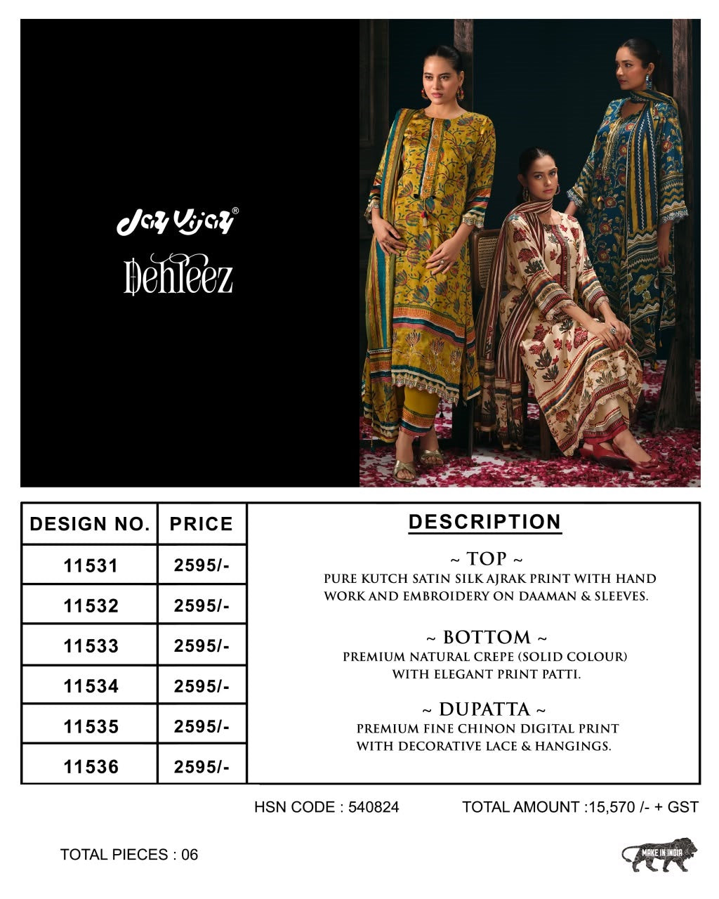 Dehleez Jay Vijay Satin Silk Pant Style Suits Wholesale