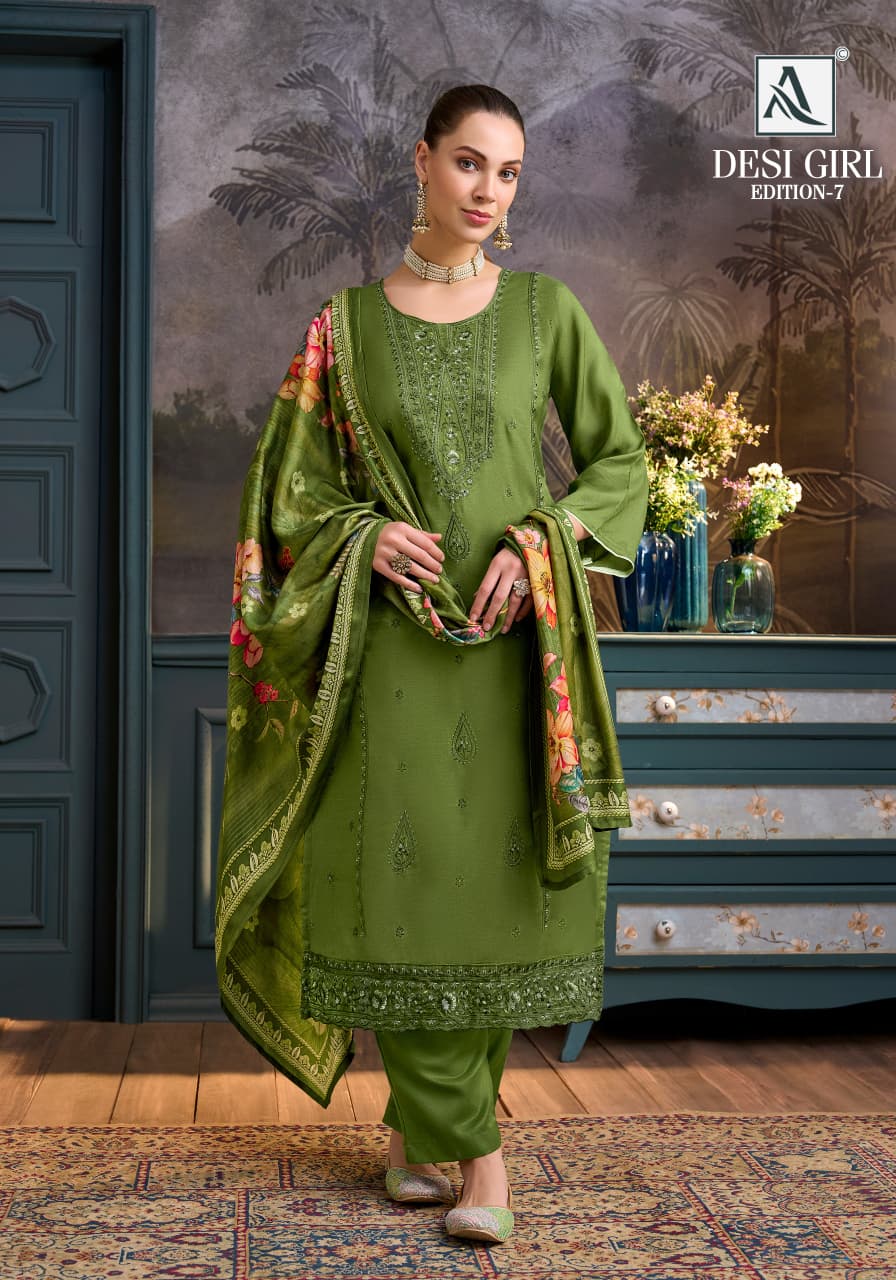 Desi Girl Edition 7 Alok Viscose Muslin Karachi Salwar Suits Wholesale Rate