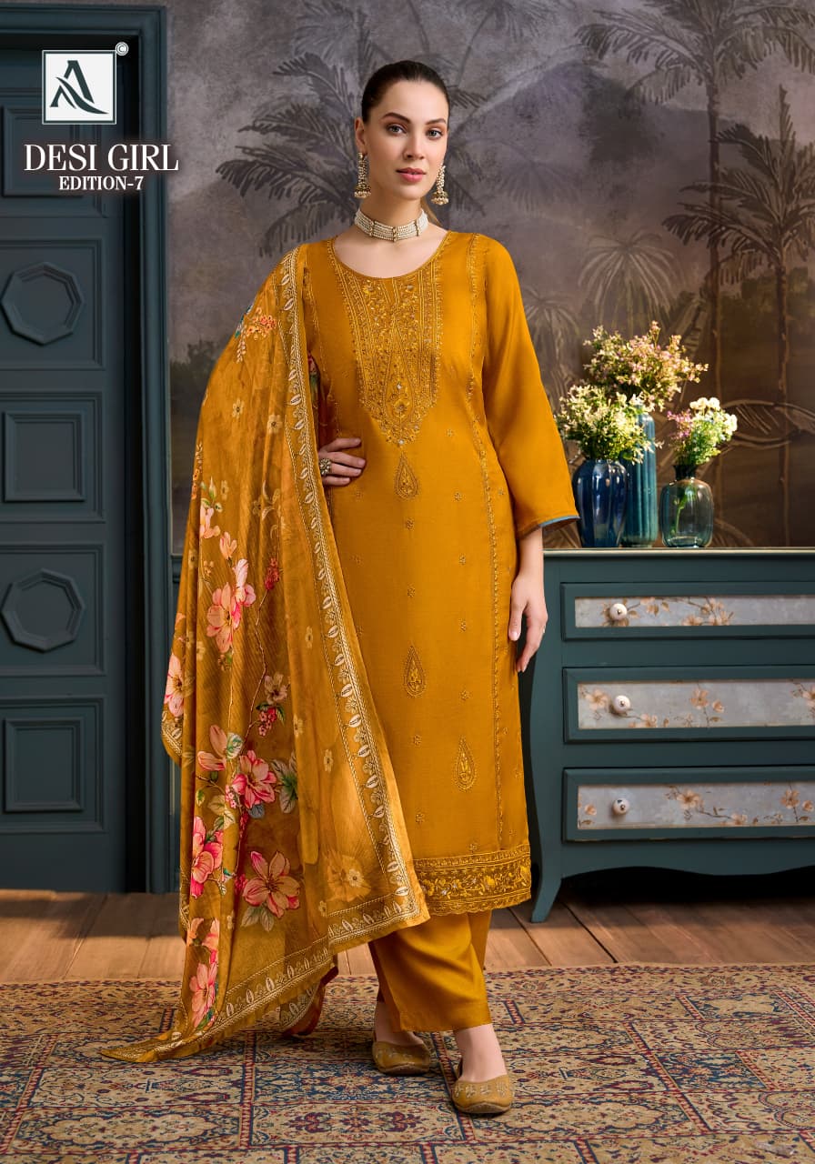 Desi Girl Edition 7 Alok Viscose Muslin Karachi Salwar Suits Wholesale Rate