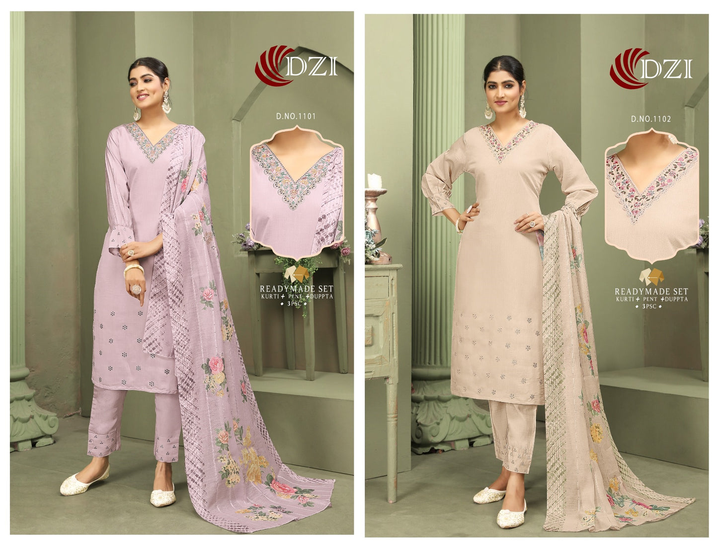 Design- 1101-1102 Dzi Roman Silk Readymade Pant Style Suits