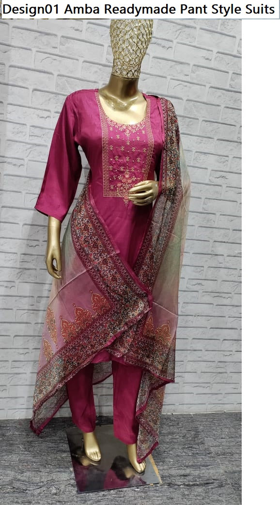 Design01 Amba Russian Silk Readymade Pant Style Suits Manufacturer Gujarat