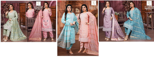 Design - 1902-1904 Ramdev Creation Roman Silk Readymade Pant Style Suits Wholesaler India