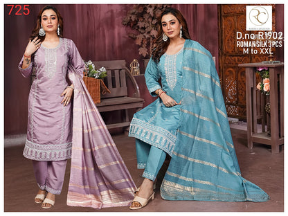 Design - 1902-1904 Ramdev Creation Roman Silk Readymade Pant Style Suits Wholesaler India