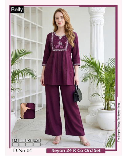 Design 01-06 Belly Rayon 24Kg Co Ord Set Wholesale Price