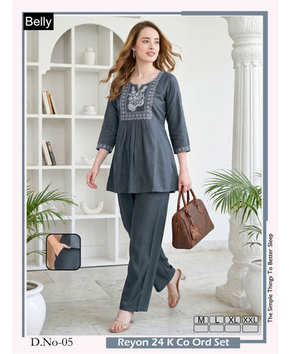 Design 01-06 Belly Rayon 24Kg Co Ord Set Wholesale Price