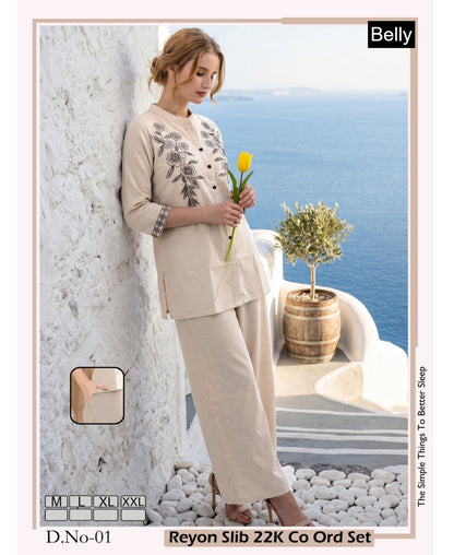 Design 01-06 Slib Belly Rayon 24Kg Co Ord Set Manufacturer India