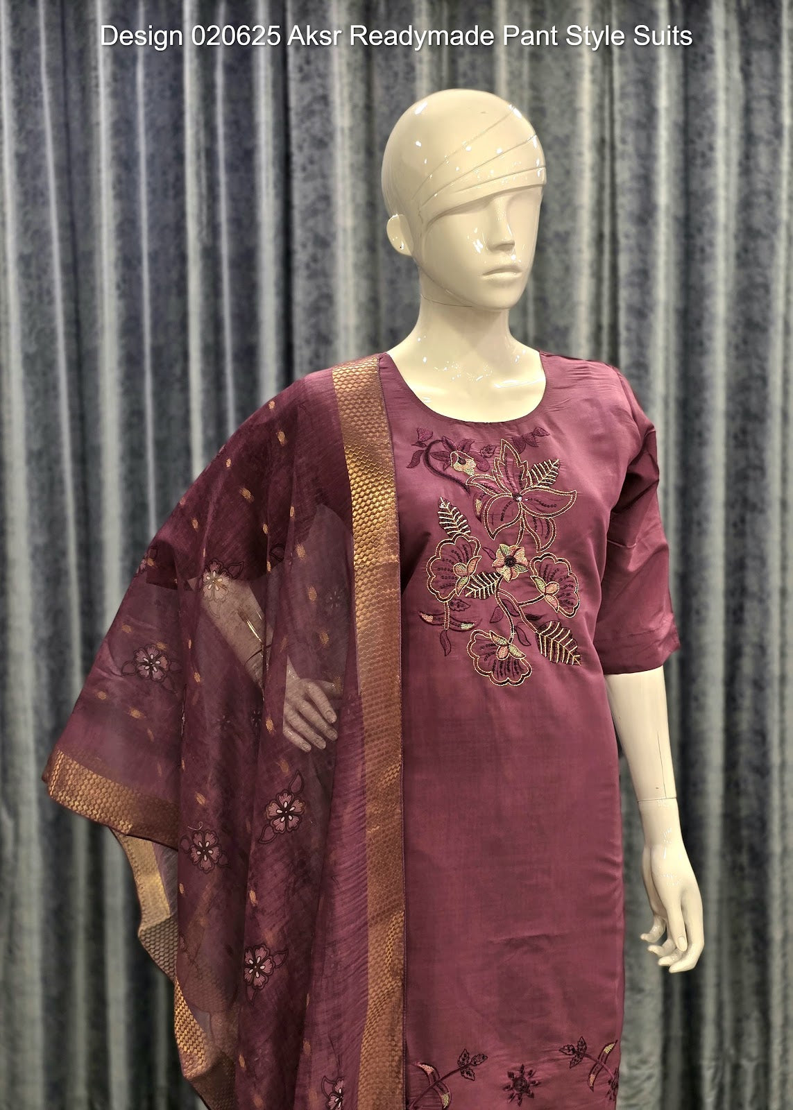 Design 020625 Aksr Roman Silk Readymade Pant Style Suits Supplier Gujarat