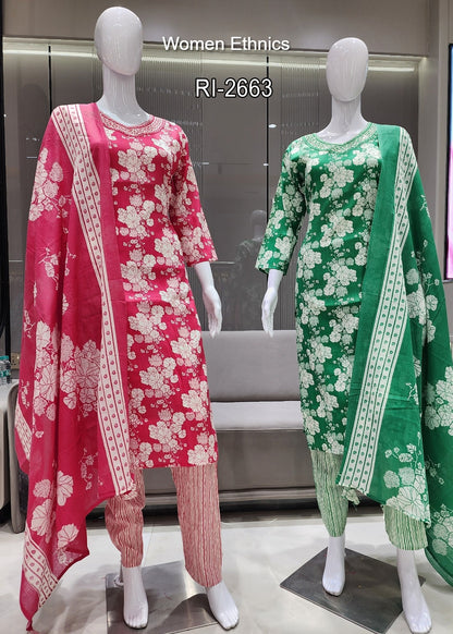 Design 050525 Women Ethnics Slub Readymade Cotton Pant Suits Exporter Gujarat