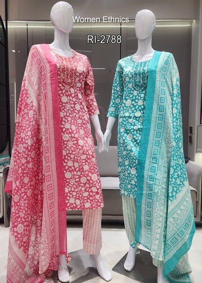 Design 050525 Women Ethnics Slub Readymade Cotton Pant Suits Exporter Gujarat