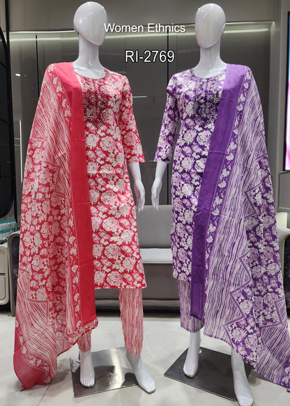 Design 050525 Women Ethnics Slub Readymade Cotton Pant Suits Exporter Gujarat