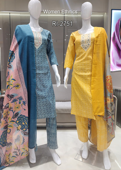 Design 050525 Women Ethnics Slub Readymade Cotton Pant Suits Exporter Gujarat