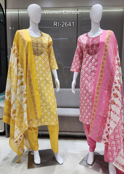 Design 050525 Women Ethnics Slub Readymade Cotton Pant Suits Exporter Gujarat