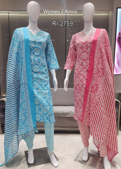 Design 050525 Women Ethnics Slub Readymade Cotton Pant Suits Exporter Gujarat