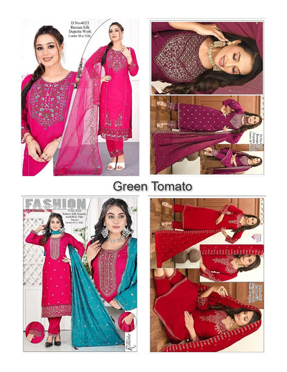 Design 080825 Green Tomato Roman Silk Readymade Pant Style Suits Wholesale Price