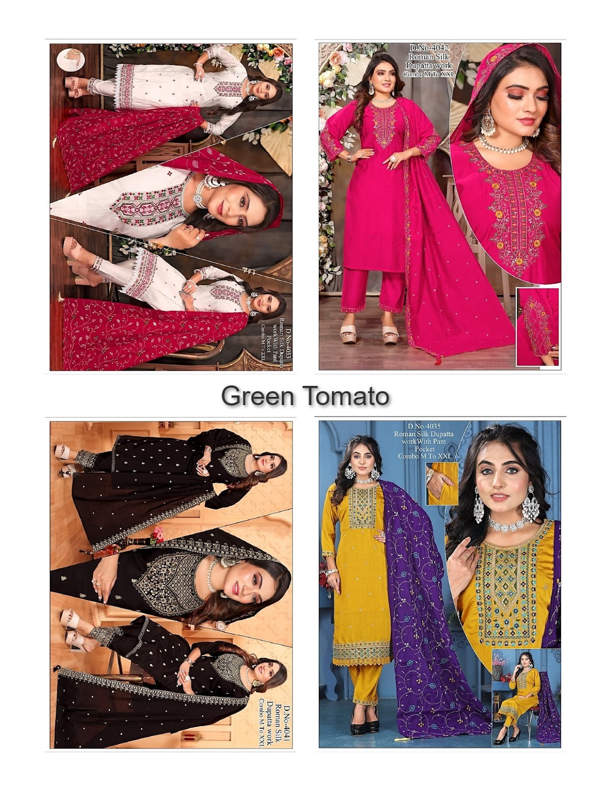Design 080825 Green Tomato Roman Silk Readymade Pant Style Suits Wholesale Price