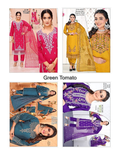 Design 080825 Green Tomato Roman Silk Readymade Pant Style Suits Wholesale Price