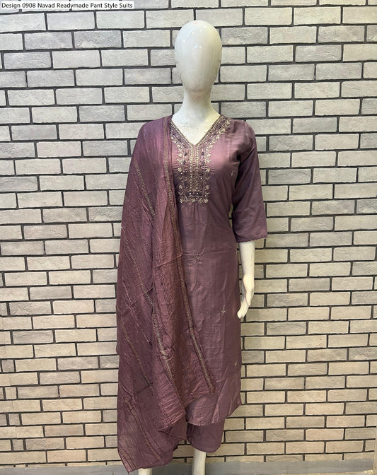 Design 0908 Navad Chanderi Silk Readymade Pant Style Suits Supplier Ahmedabad