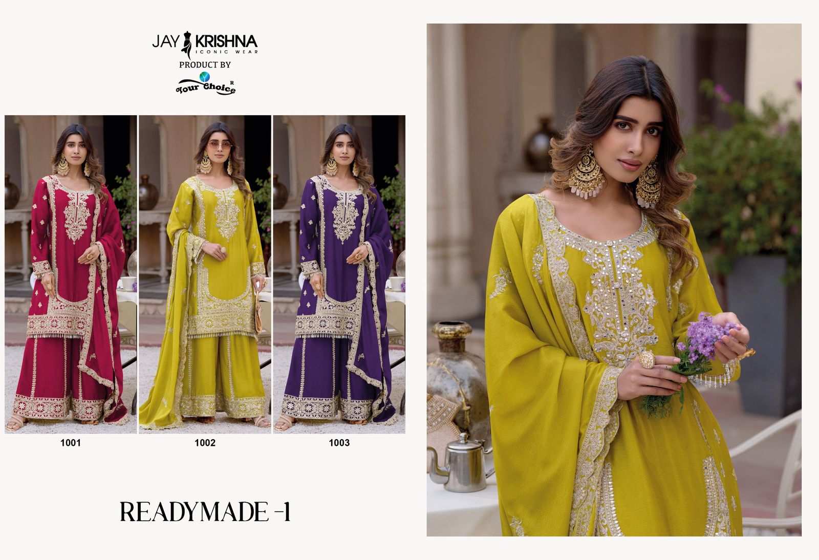 Design 1001-1003 Jay Krishna Chinon Readymade Sharara Suits Wholesaler