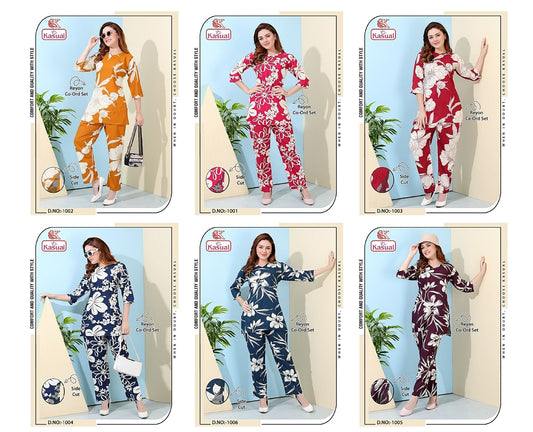 Design 1001-1006 Kasual Reyon Co Ord Set Supplier