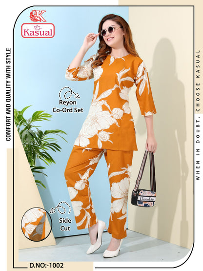 Design 1001-1006 Kasual Reyon Co Ord Set Supplier