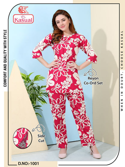 Design 1001-1006 Kasual Reyon Co Ord Set Supplier
