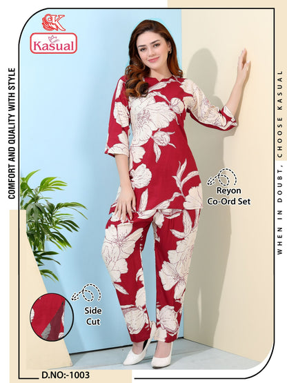 Design 1001-1006 Kasual Reyon Co Ord Set Supplier