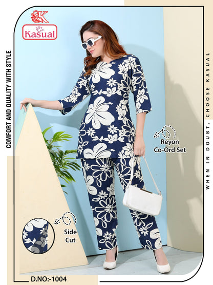Design 1001-1006 Kasual Reyon Co Ord Set Supplier
