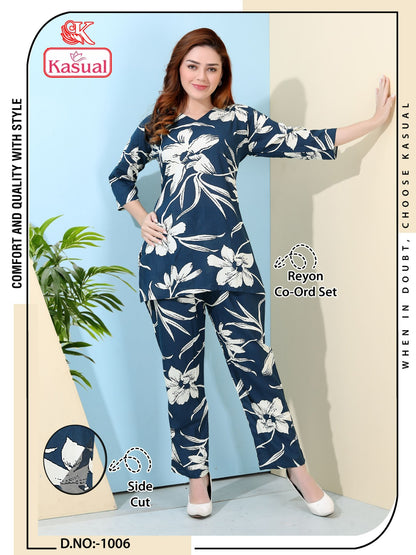 Design 1001-1006 Kasual Reyon Co Ord Set Supplier