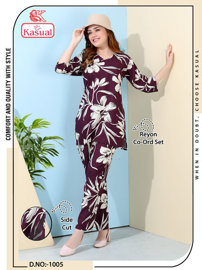 Design 1001-1006 Kasual Reyon Co Ord Set Supplier