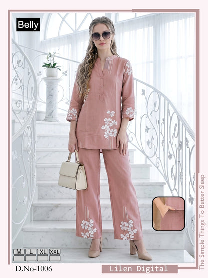 Design 1001-1012 Belly Linen Co Ord Set Wholesaler Ahmedabad