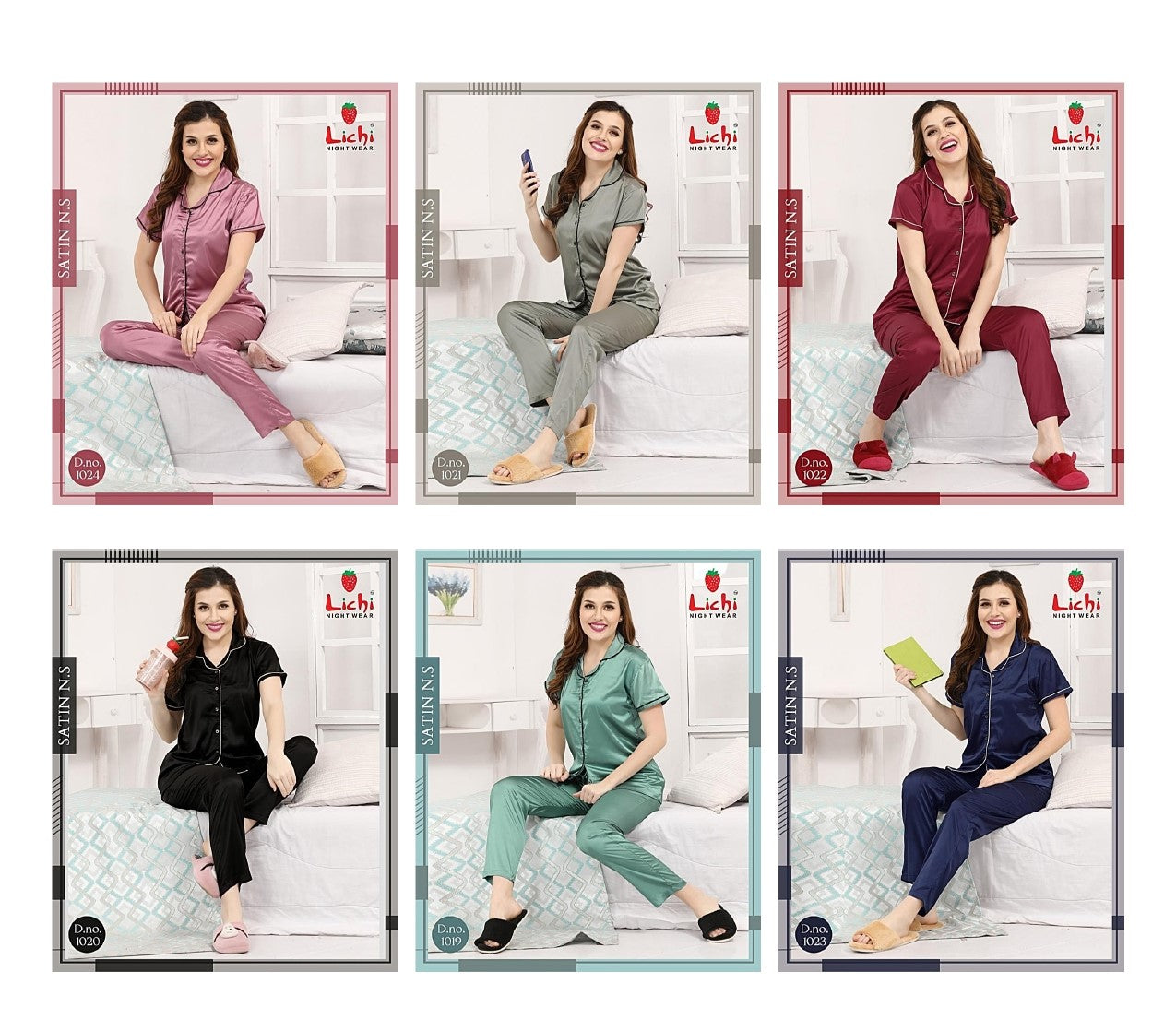 Design 1019-1024 Lichi Satin Night Suits Wholesaler India