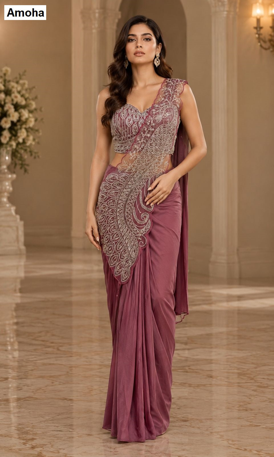Design 102417 Amoha Lycra Ready To Wear Saree Wholesale Price