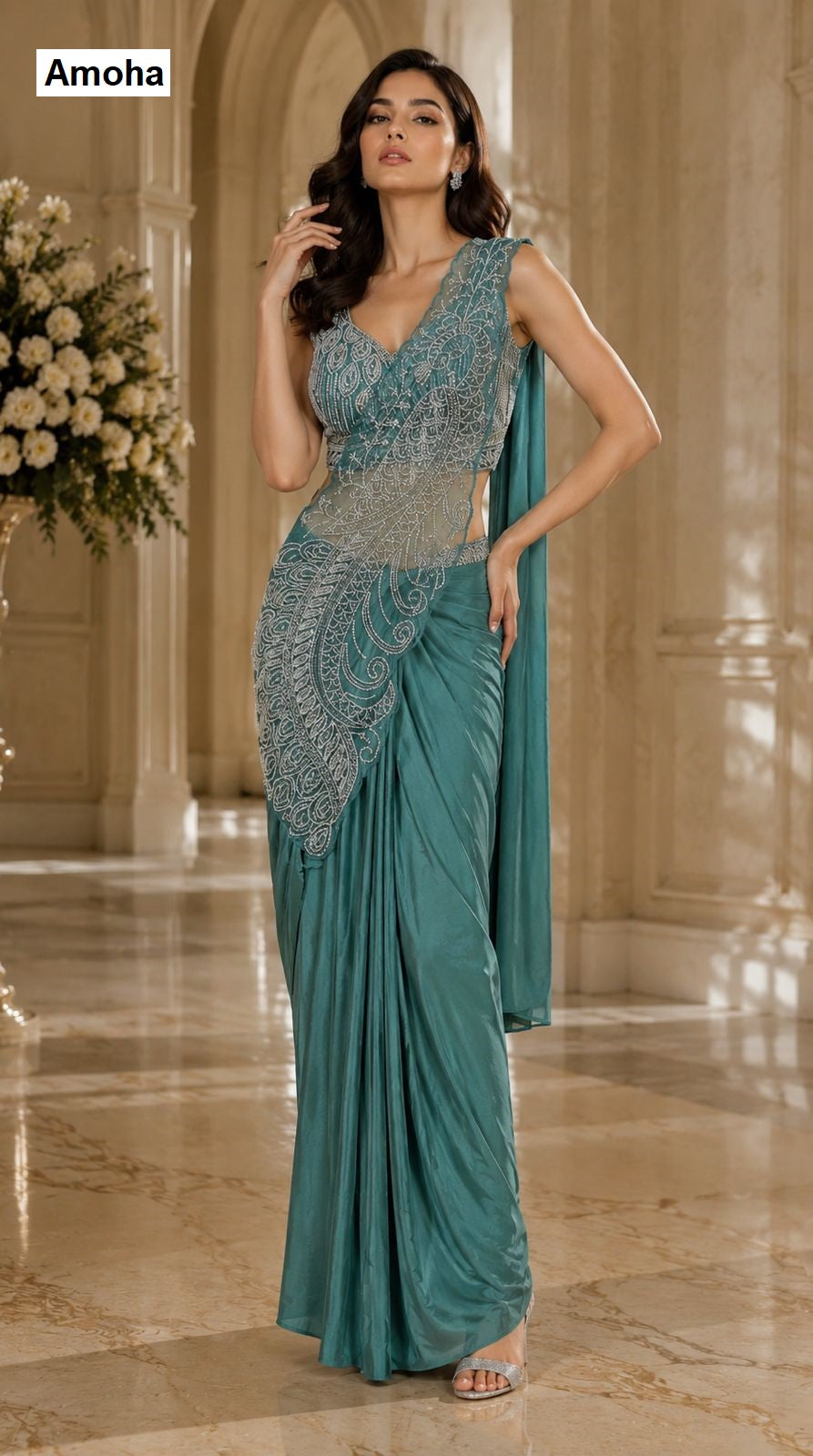 Design 102417 Amoha Lycra Ready To Wear Saree Wholesale Price
