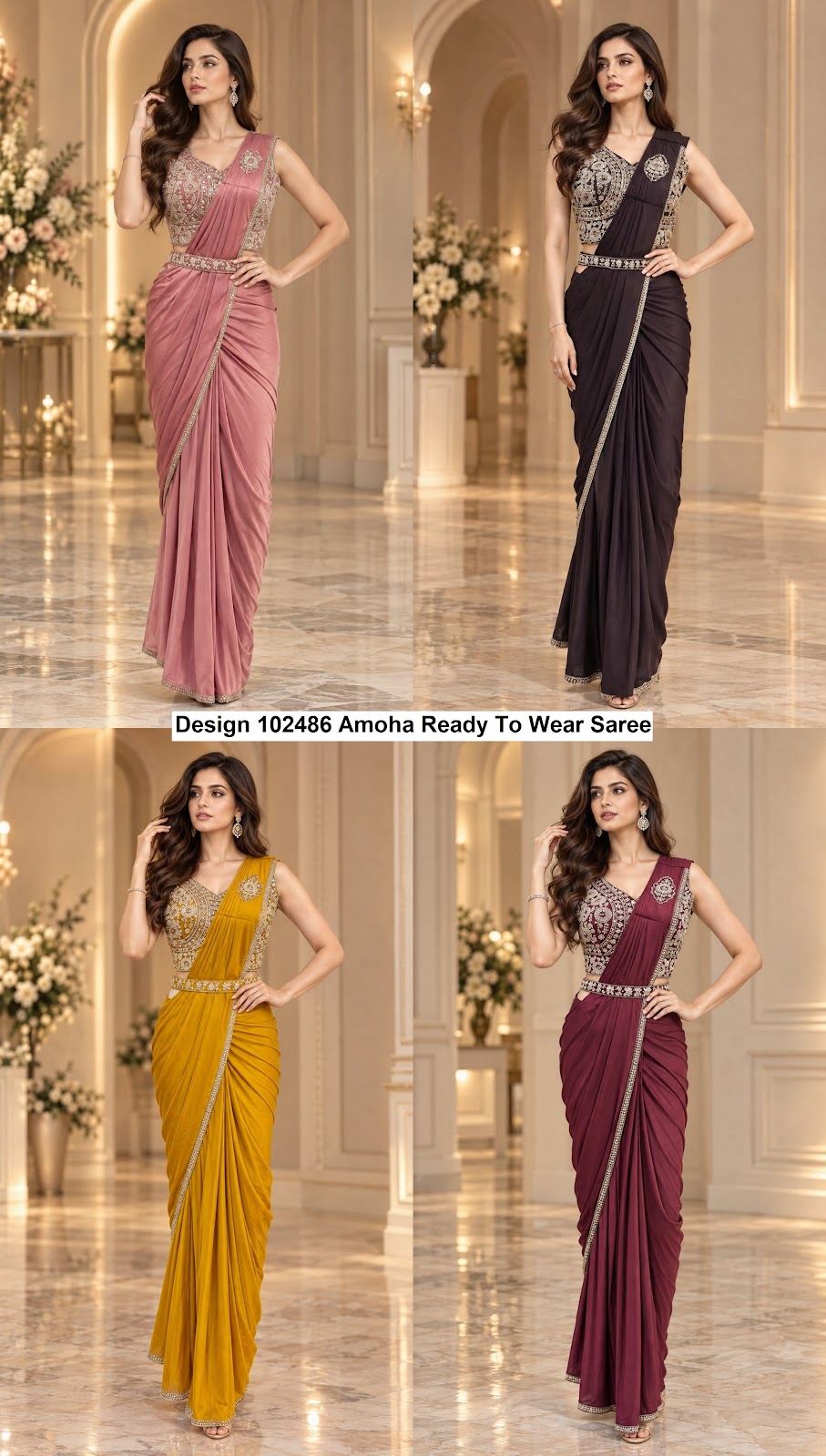 Design 102486 Amoha Imported Lycra Ready To Wear Saree Supplier