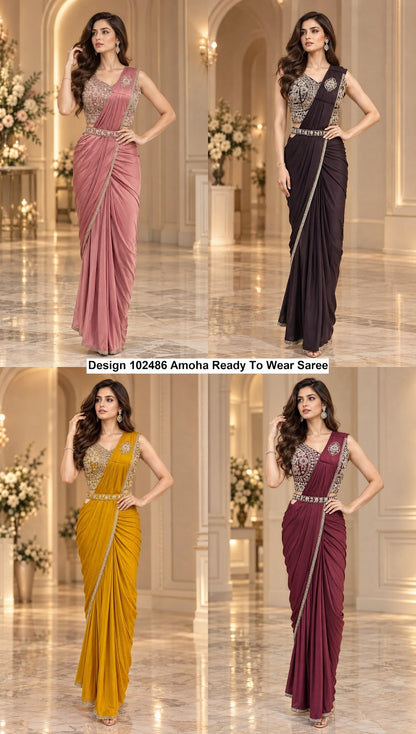 Design 102486 Amoha Imported Lycra Ready To Wear Saree Supplier