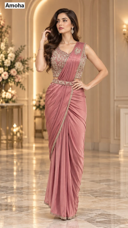 Design 102486 Amoha Imported Lycra Ready To Wear Saree Supplier