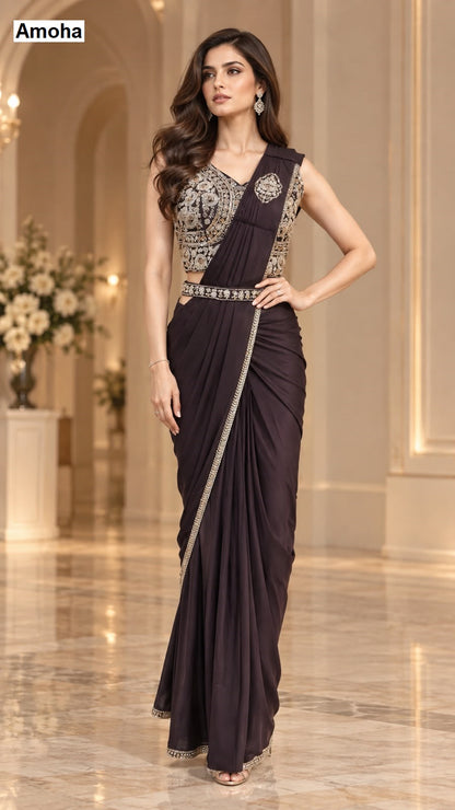 Design 102486 Amoha Imported Lycra Ready To Wear Saree Supplier