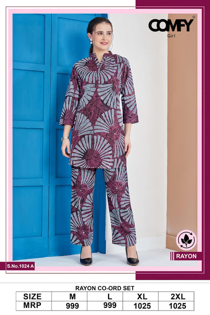 Design 1024 Comfy Rayon Co Ord Set Wholesaler Gujarat