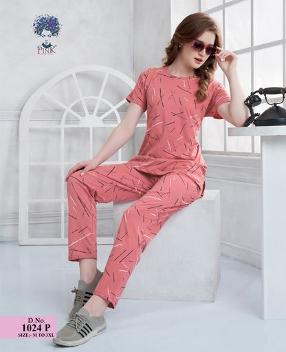 Design 1024 P Pink Hosiery Pyjama Night Suits Supplier Gujarat