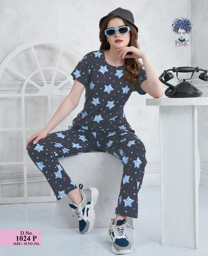 Design 1024 P Pink Hosiery Pyjama Night Suits Supplier Gujarat