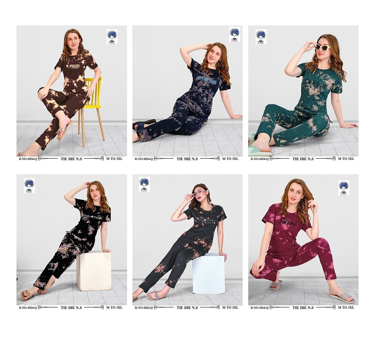 Design 1024 Q Pink Tie Dye Pyjama Night Suits Exporter India