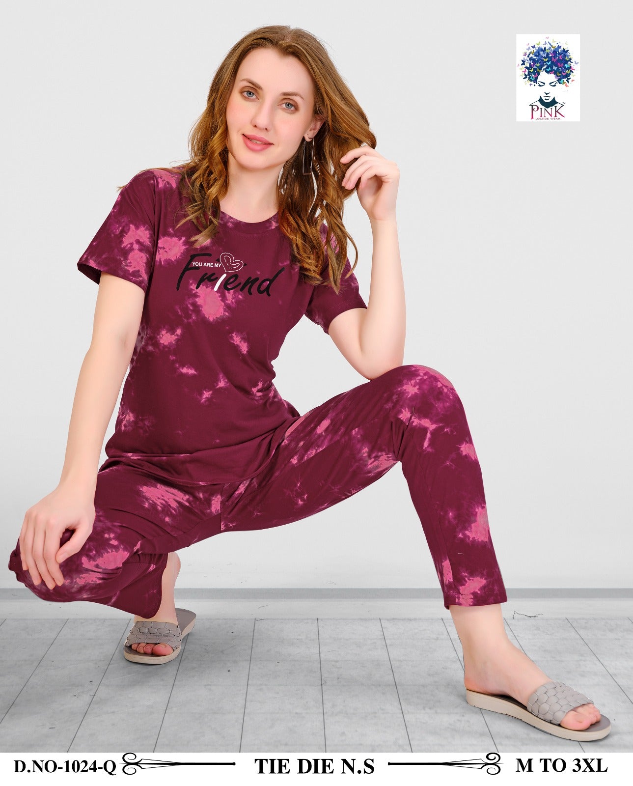 Design 1024 Q Pink Tie Dye Pyjama Night Suits Exporter India